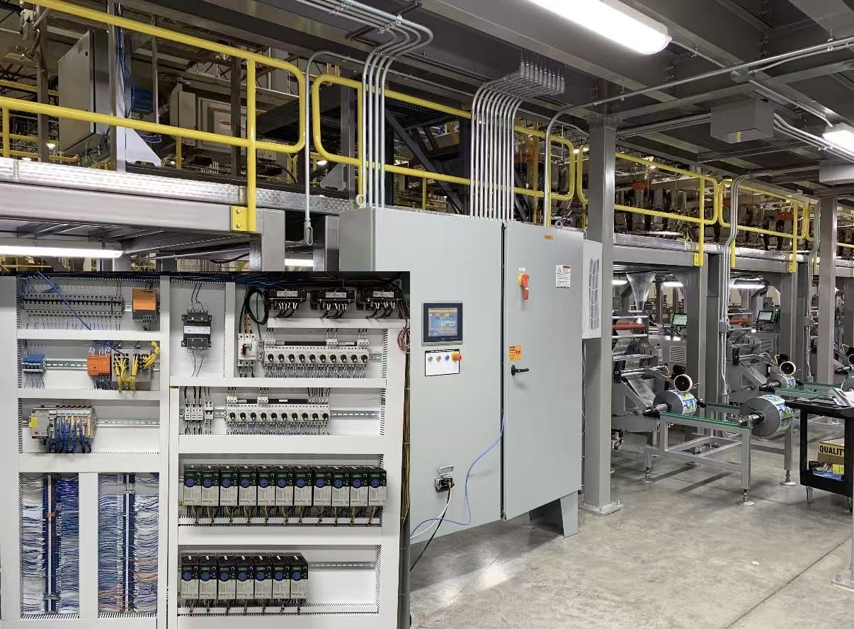Industrial electrical cabinet with breakers, relays and control components